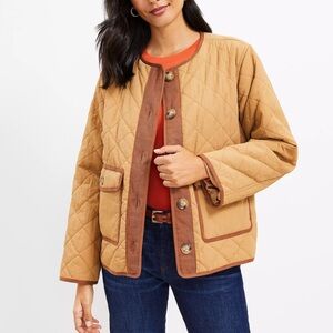 Loft Quilted Field Jacket Camel w/Brown piping Button up w/pocket flap Size XXL